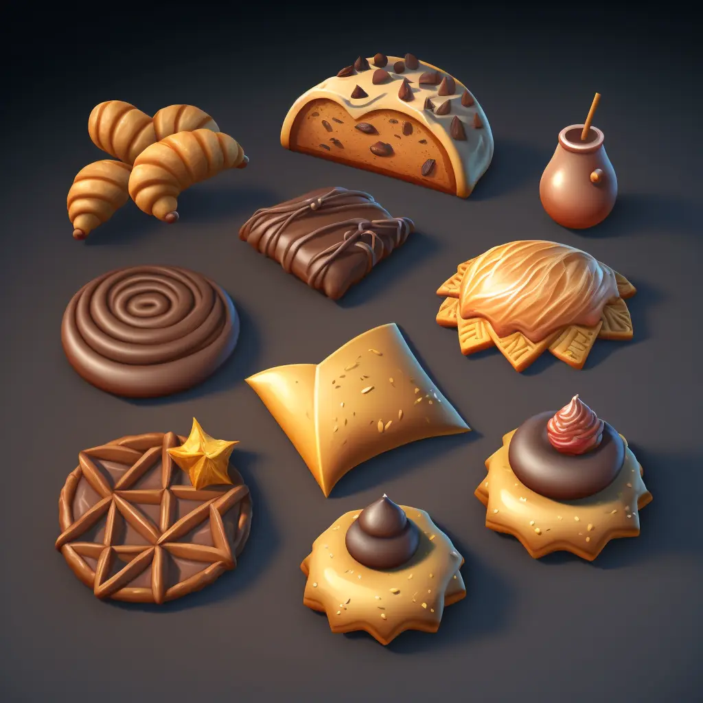 sheet of cafe pastries, game asset, game icon, clay render, blender, oily, shiny, bevel, smooth rendering, style of Hearthstone